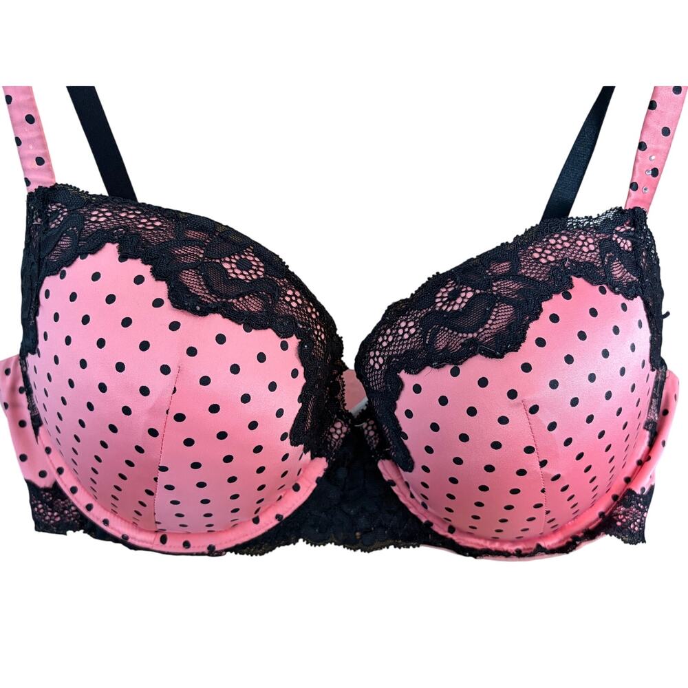 Pleasure State 38C Pink Black Polka Dot Lace Bra Pin Up Retro Coquette Feminine